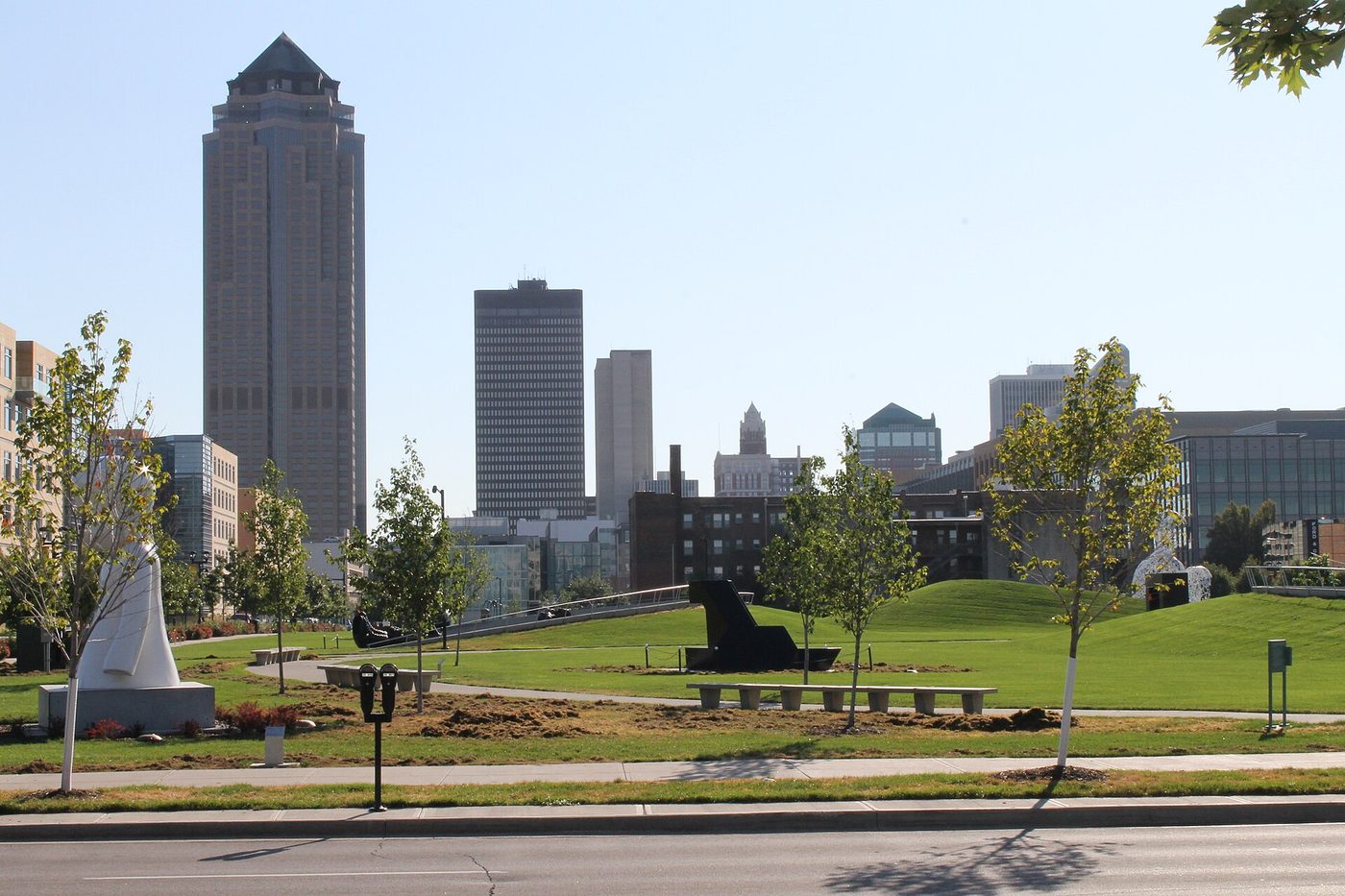 The downtown Des Moines skyline seen from the Pappajohn Sculpture Park